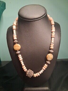 G64. 925 Sterling Silver Gemstone Necklace W Agate, Pearl, Pink Opal, 18"
